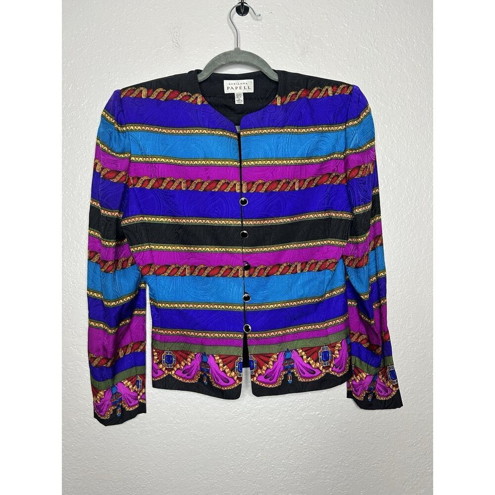 Vintage Adrianna Papell Top Jacket 100% Silk Multicolor‎ 90’s Size 6 Purple Blue